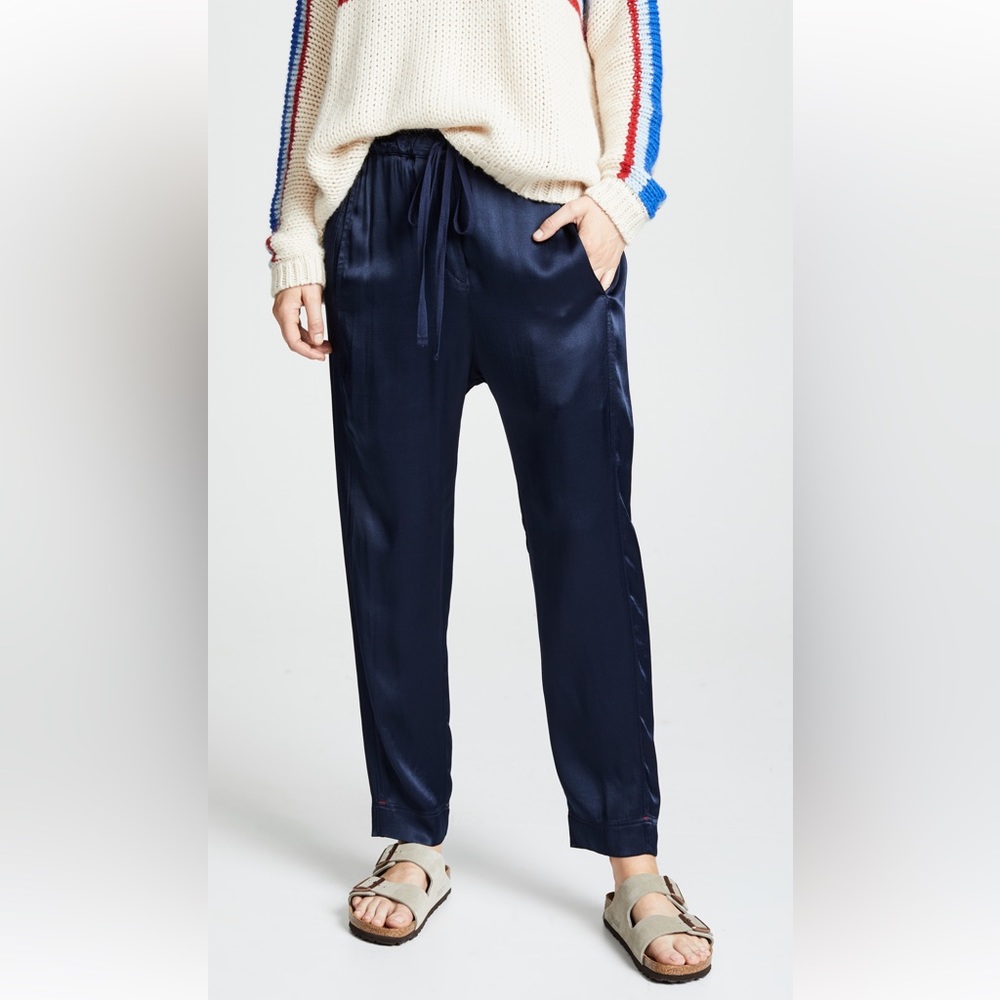 Xirena Navy Blue Silky Satin Draper casual drawstring pant.